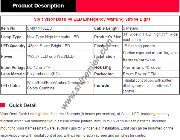 12V 48 LED 15 modes Flashing Led Warning Strobe Split Mount Deck Dash Light bar