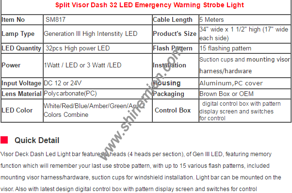Interior Emergency LightBar White Strobe 32 LED Light Bar Split Visor Dash Deck with New Digital Con