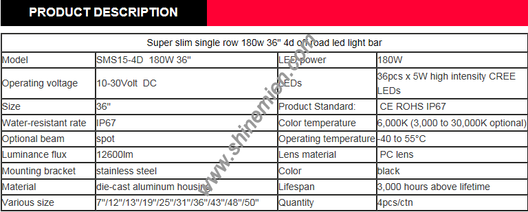 Slim Single Row 4D CREE LED Light Bar 36 Inch 180W Combo Spot Flood Beam Work Offroad 4WD 