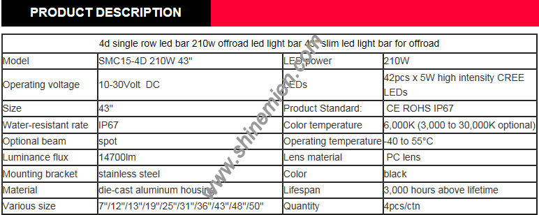 43inch 210W 4D Single Row CR EE Slim Led Offroad Light Bar Spot Boat 4WD Truck Underwater High Power